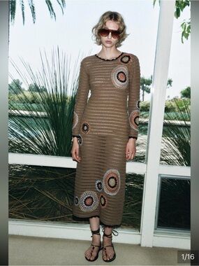 Zara Brown Crochet Knit Dress with Multicolor Circular Motifs